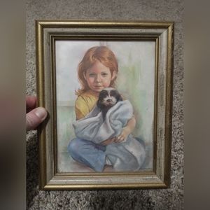 Vintage Framed Print Girl with Black and White Puppy Dog by Leo Jansen
